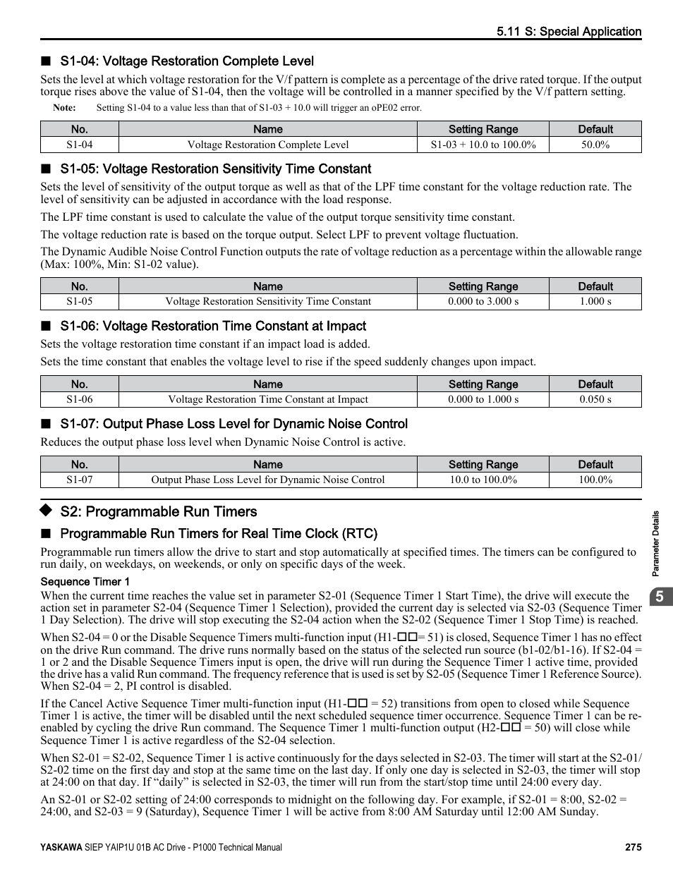 S2: programmable run timers | Yaskawa AC Drive-P1000 Industrial Fan User Manual | Page 275 / 570