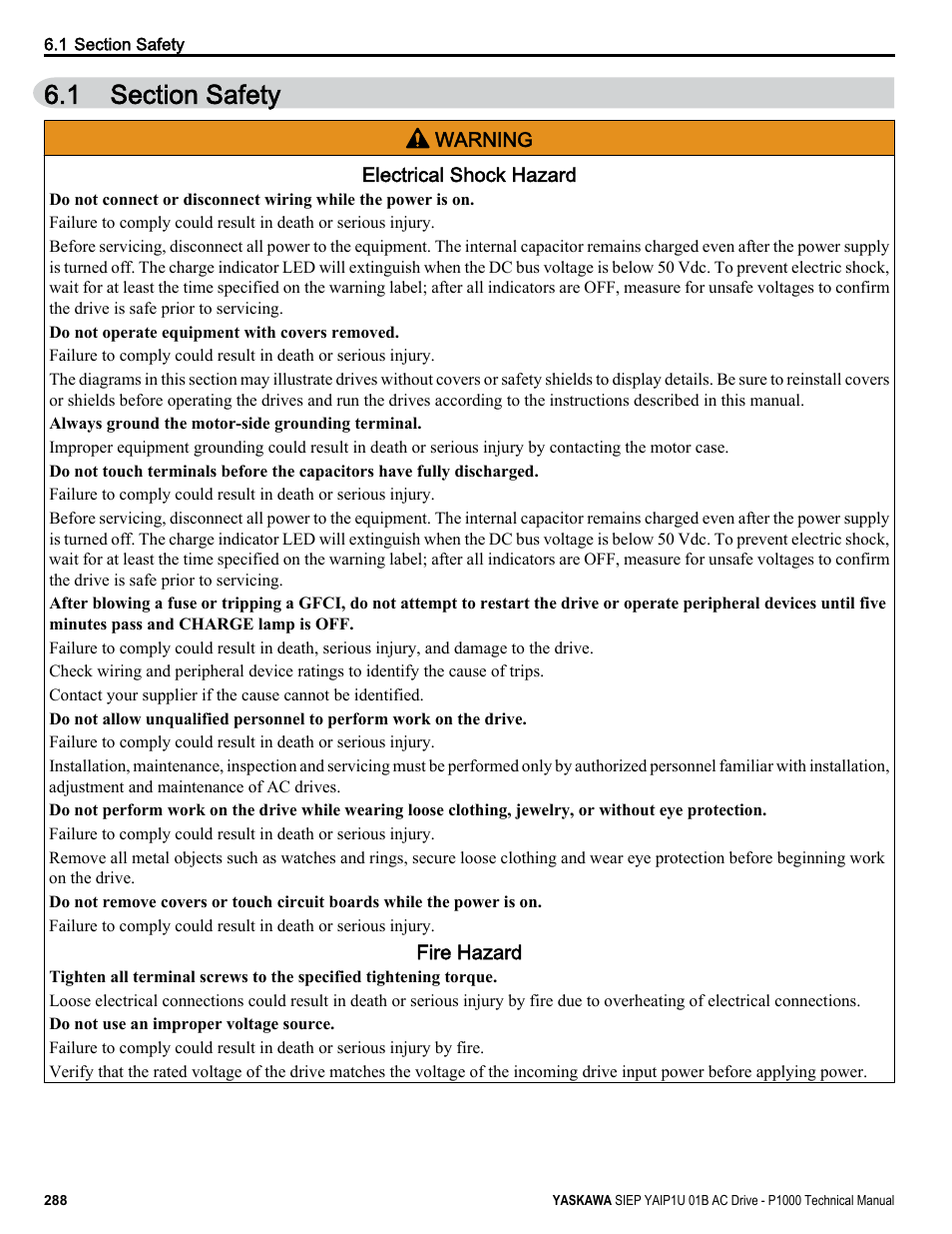 Section safety, 1 section safety | Yaskawa AC Drive-P1000 Industrial Fan User Manual | Page 288 / 570