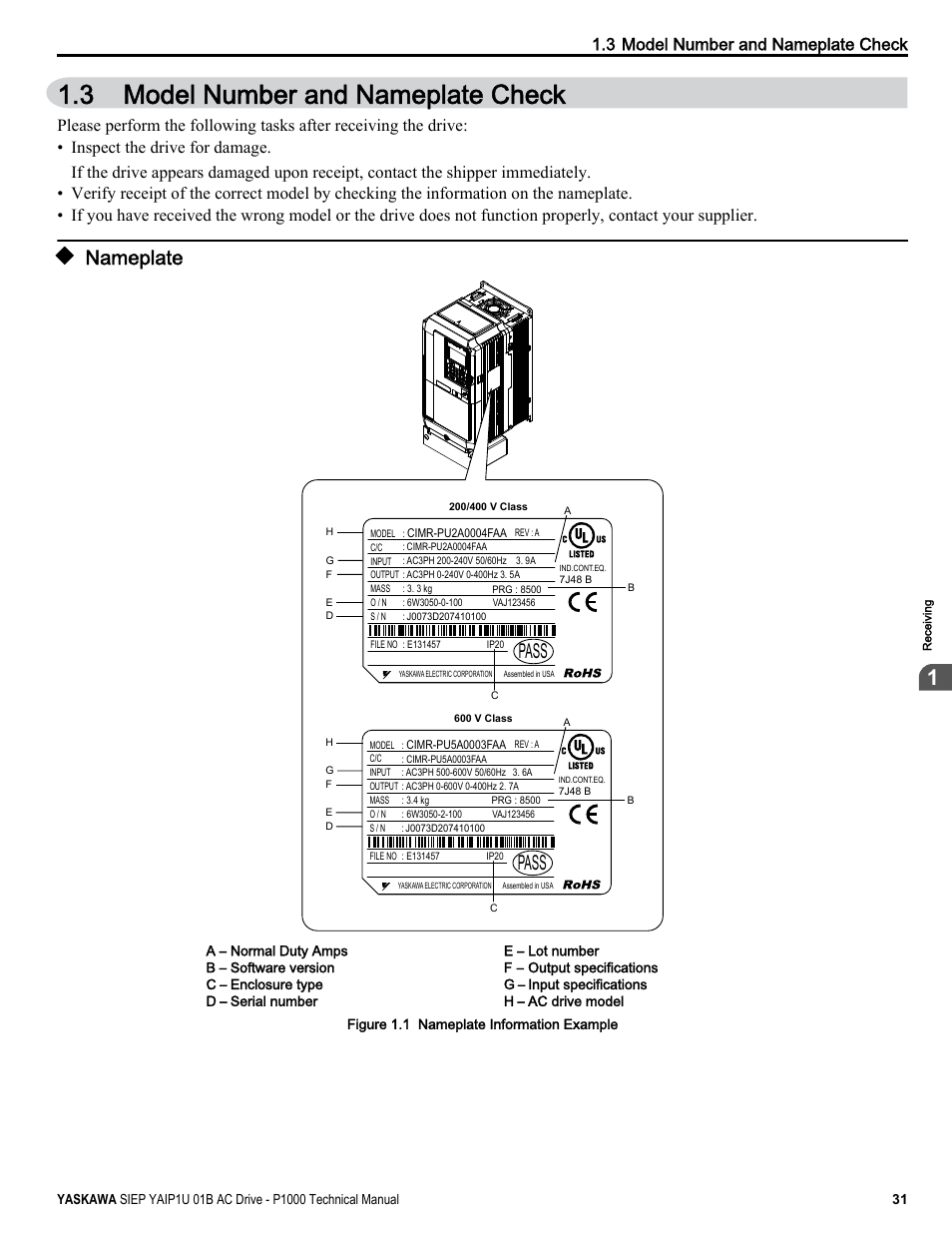 Model number and nameplate check, Nameplate, 3 model number and nameplate check | Pass | Yaskawa AC Drive-P1000 Industrial Fan User Manual | Page 31 / 570