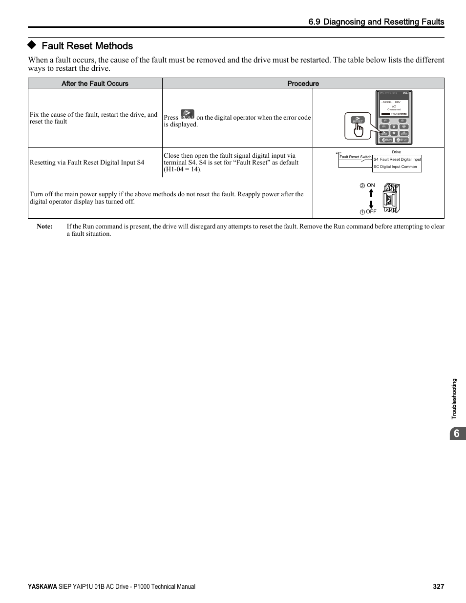 Fault reset methods, Reset the fault, 9 diagnosing and resetting faults | Yaskawa AC Drive-P1000 Industrial Fan User Manual | Page 327 / 570