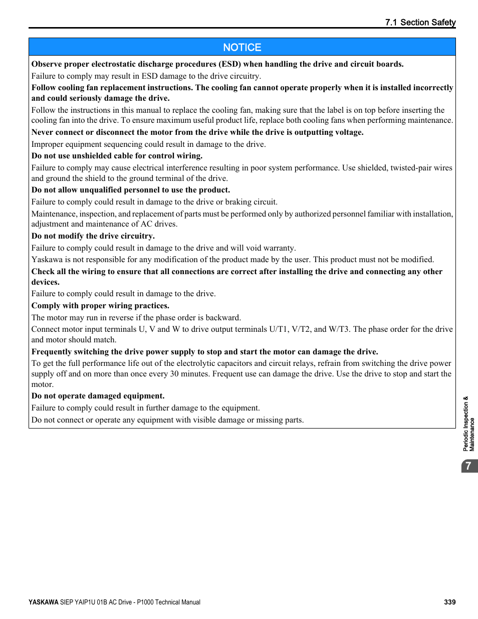 Notice | Yaskawa AC Drive-P1000 Industrial Fan User Manual | Page 339 / 570