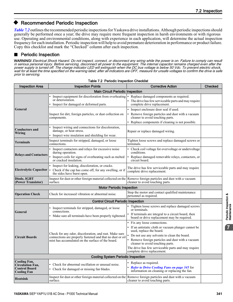 Recommended periodic inspection, Periodic inspection | Yaskawa AC Drive-P1000 Industrial Fan User Manual | Page 341 / 570