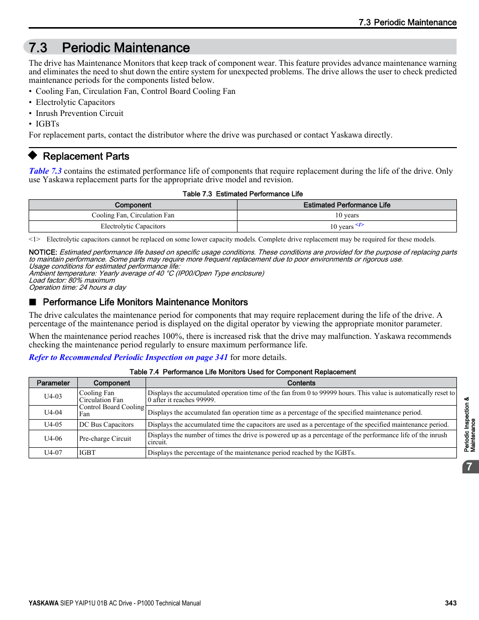 Periodic maintenance, Replacement parts, Refer to performance life monitors maintenance | 3 periodic maintenance | Yaskawa AC Drive-P1000 Industrial Fan User Manual | Page 343 / 570
