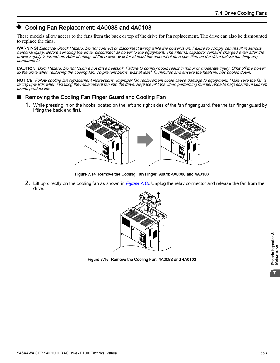 Cooling fan replacement: 4a0088 and 4a0103 | Yaskawa AC Drive-P1000 Industrial Fan User Manual | Page 353 / 570