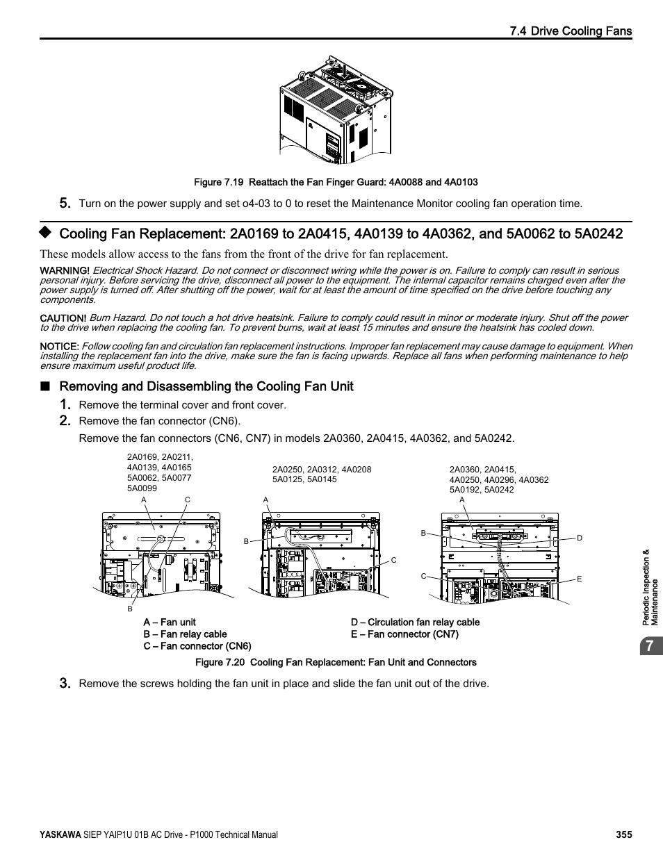 Removing and disassembling the cooling fan unit | Yaskawa AC Drive-P1000 Industrial Fan User Manual | Page 355 / 570