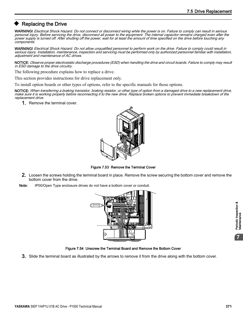 Replacing the drive | Yaskawa AC Drive-P1000 Industrial Fan User Manual | Page 371 / 570