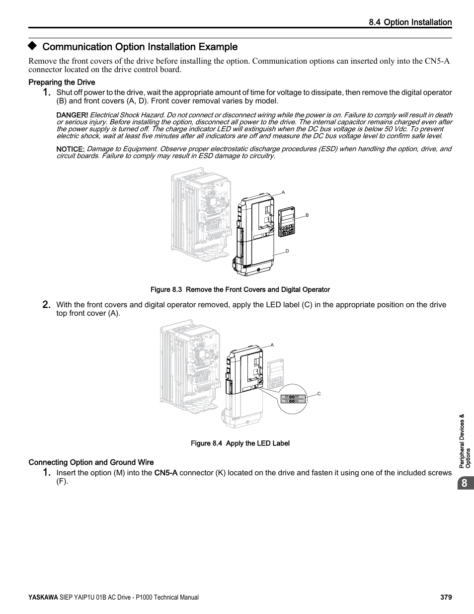 Communication option installation example | Yaskawa AC Drive-P1000 Industrial Fan User Manual | Page 379 / 570