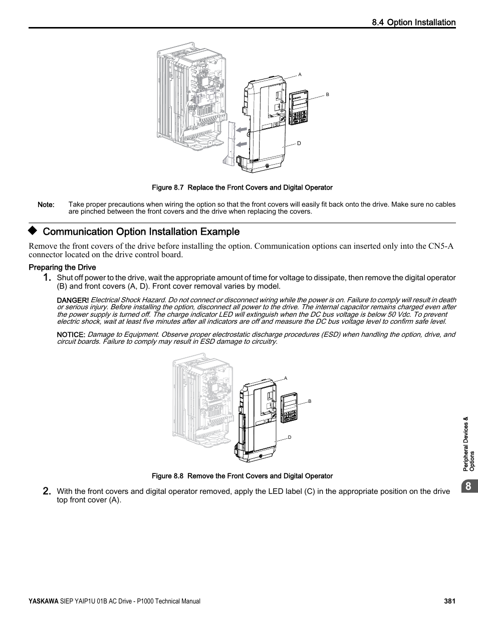 Communication option installation example | Yaskawa AC Drive-P1000 Industrial Fan User Manual | Page 381 / 570
