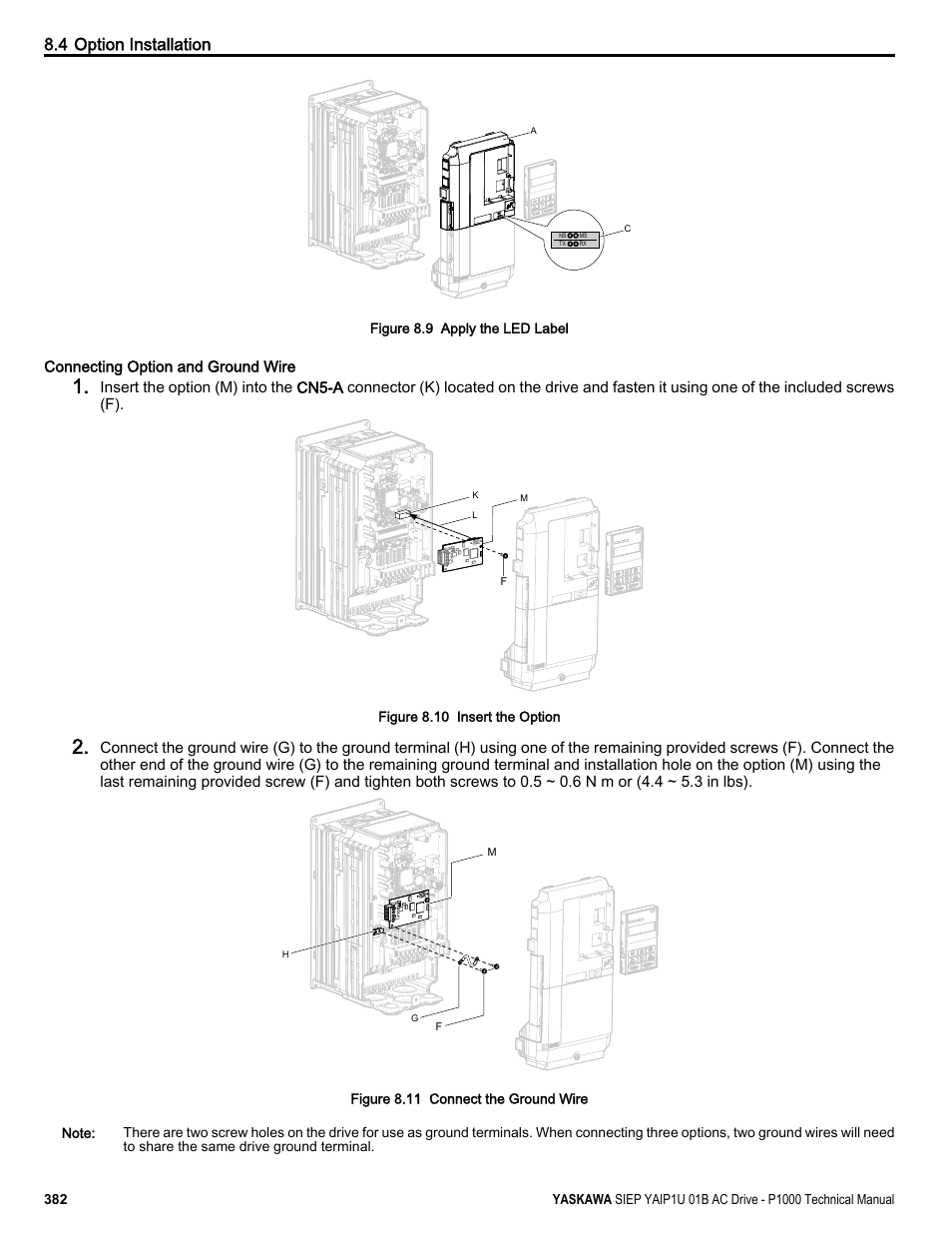 4 option installation, Connecting option and ground wire | Yaskawa AC Drive-P1000 Industrial Fan User Manual | Page 382 / 570