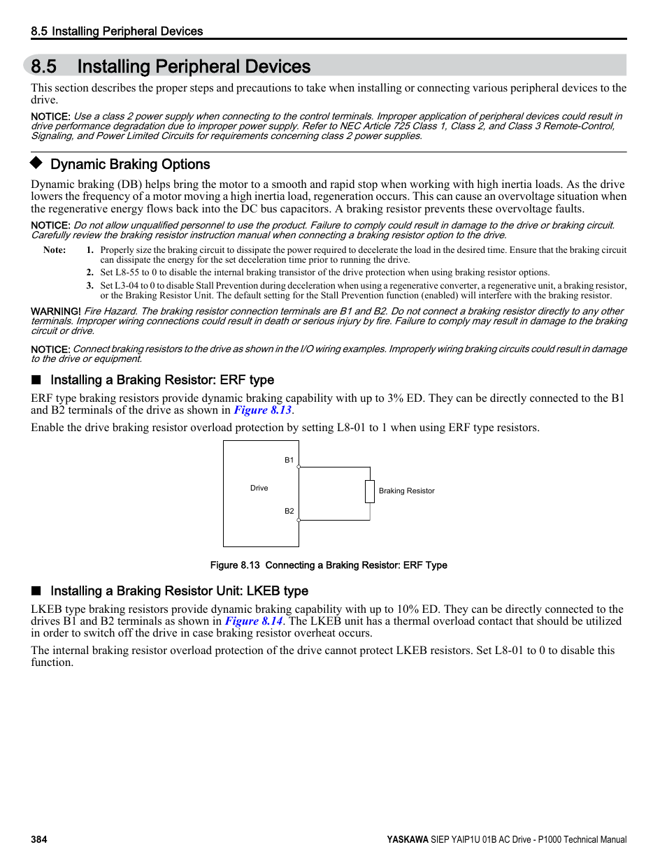 Installing peripheral devices, Dynamic braking options, 5 installing peripheral devices | Yaskawa AC Drive-P1000 Industrial Fan User Manual | Page 384 / 570