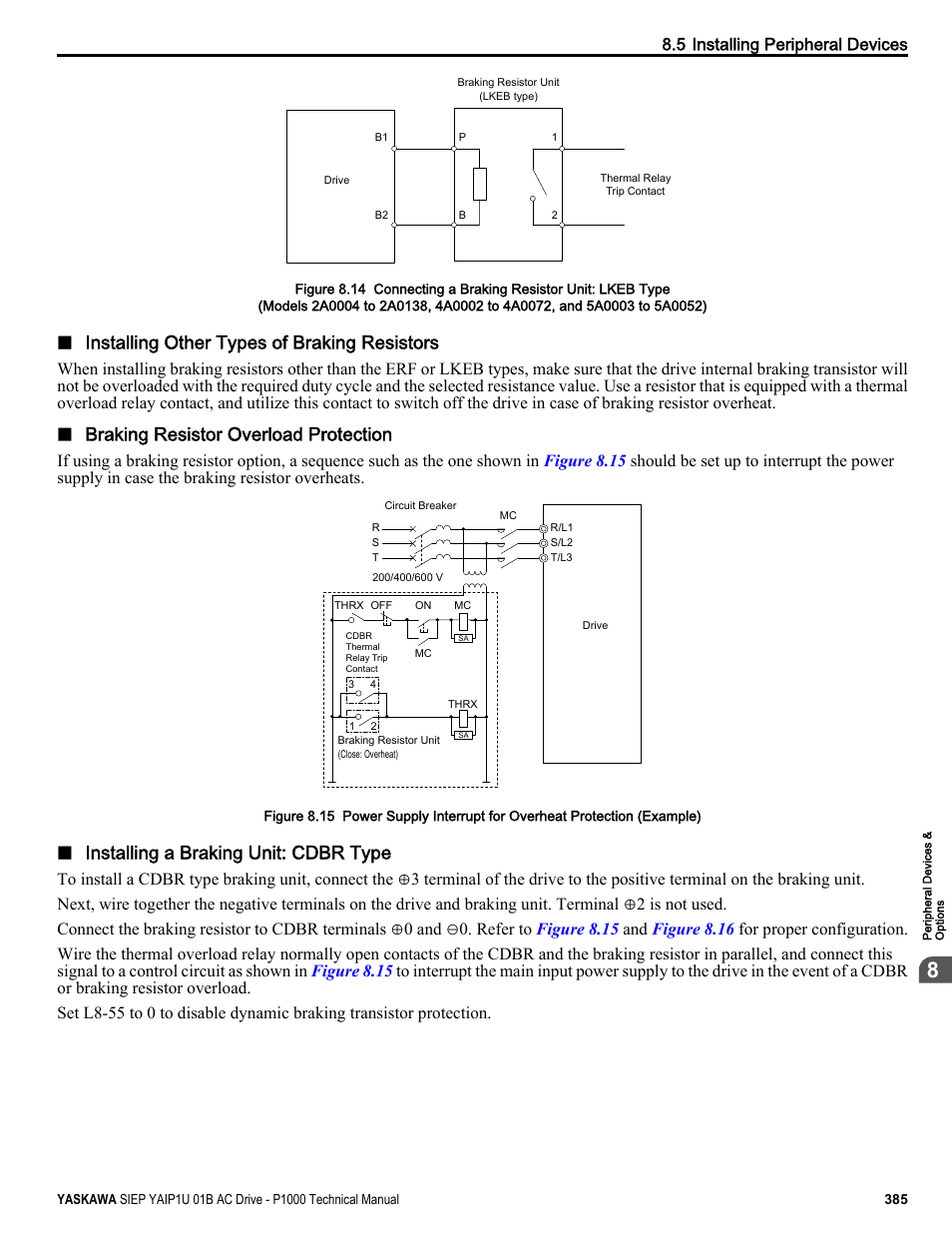 Drives b1 and b2 terminals as shown in, Figure 8.14, Installing other types of braking resistors | Braking resistor overload protection, Installing a braking unit: cdbr type | Yaskawa AC Drive-P1000 Industrial Fan User Manual | Page 385 / 570