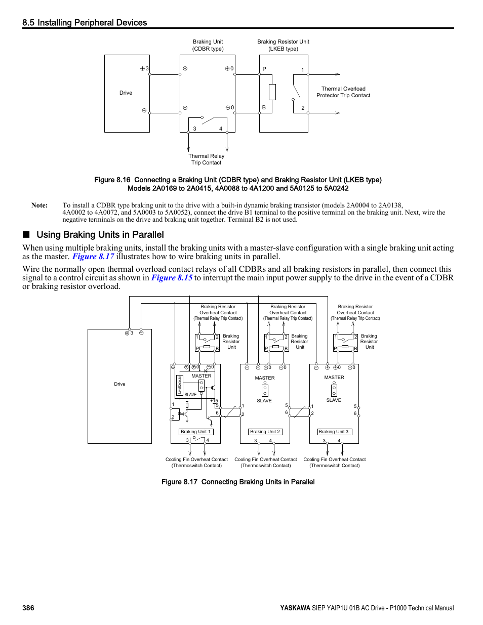 Figure 8.16, For proper configuration, Using braking units in parallel | 5 installing peripheral devices, Figure 8.17 connecting braking units in parallel | Yaskawa AC Drive-P1000 Industrial Fan User Manual | Page 386 / 570