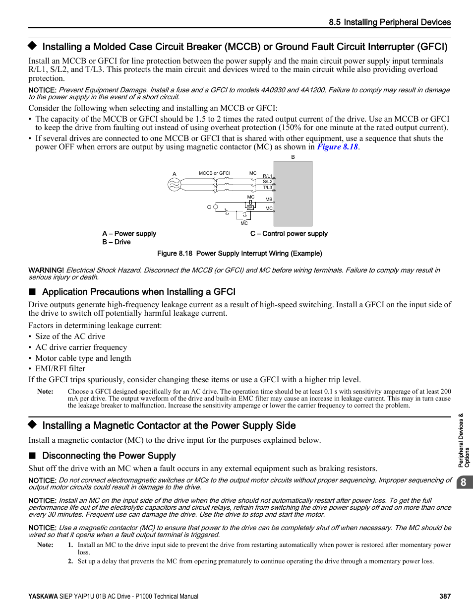 Refer to installing a molded case circuit breaker, Resistors, Application precautions when installing a gfci | Disconnecting the power supply | Yaskawa AC Drive-P1000 Industrial Fan User Manual | Page 387 / 570