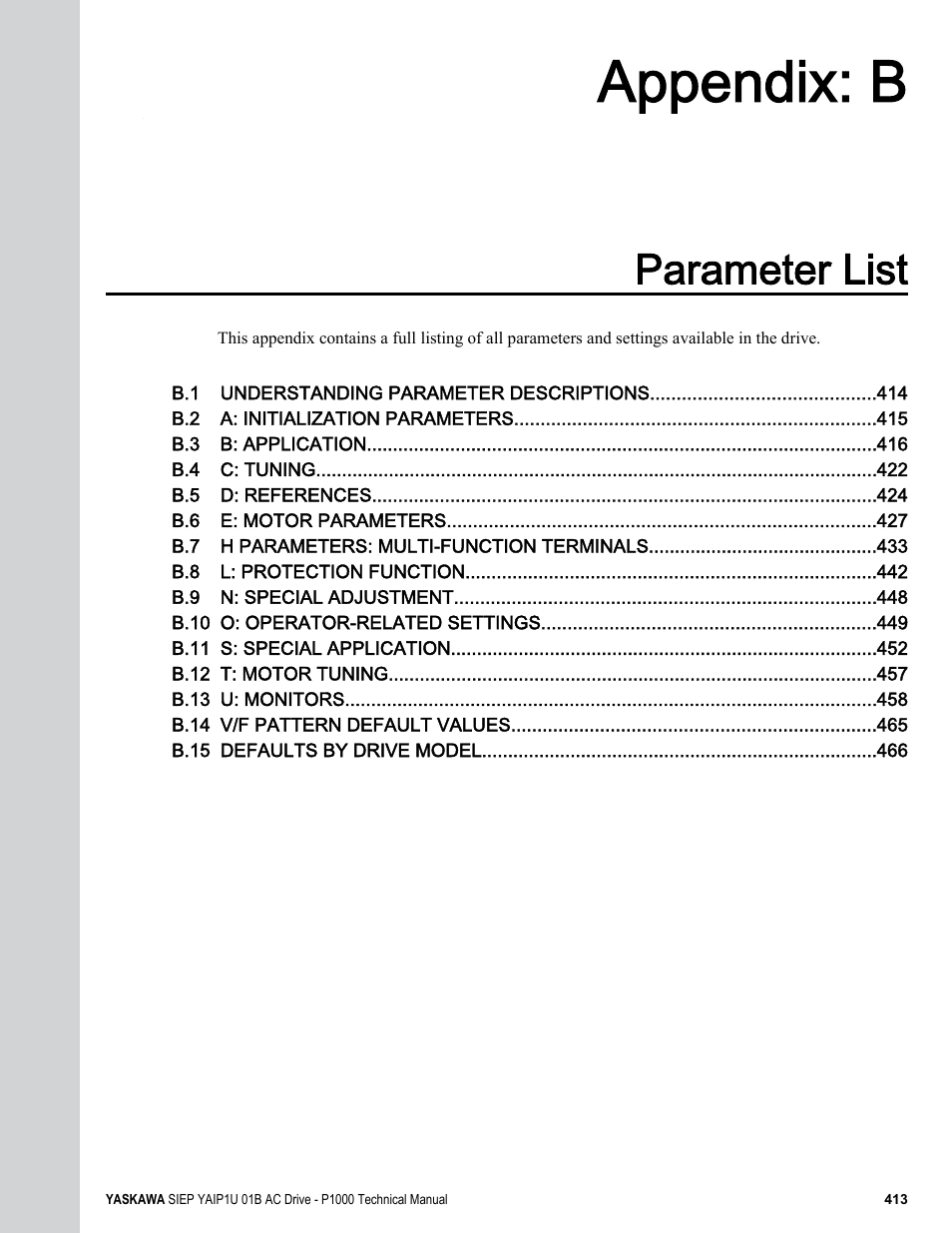 Parameter list, B. parameter list, Refer to parameter list on | Appendix: b | Yaskawa AC Drive-P1000 Industrial Fan User Manual | Page 413 / 570