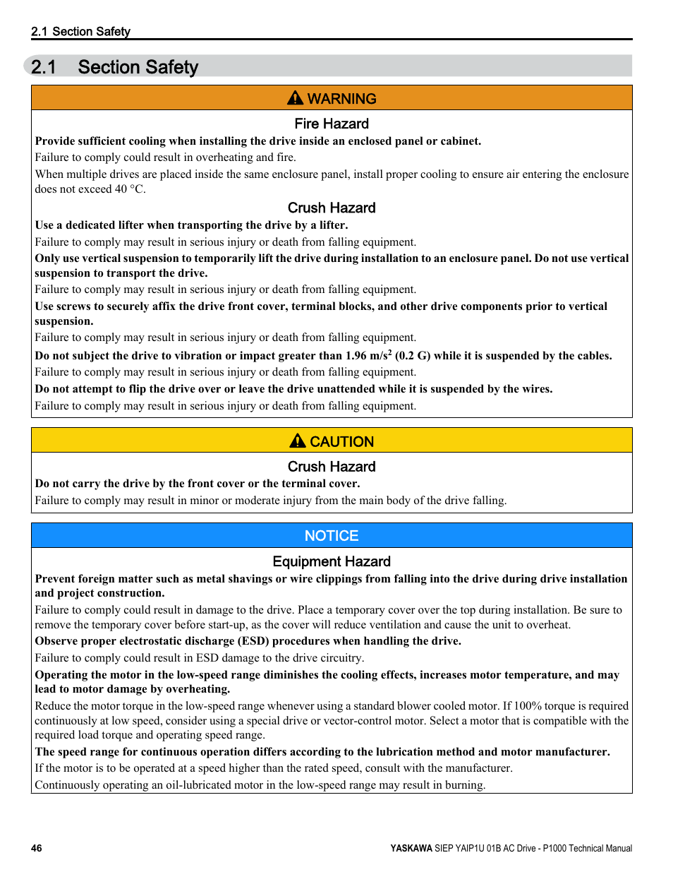 Section safety, 1 section safety | Yaskawa AC Drive-P1000 Industrial Fan User Manual | Page 46 / 570