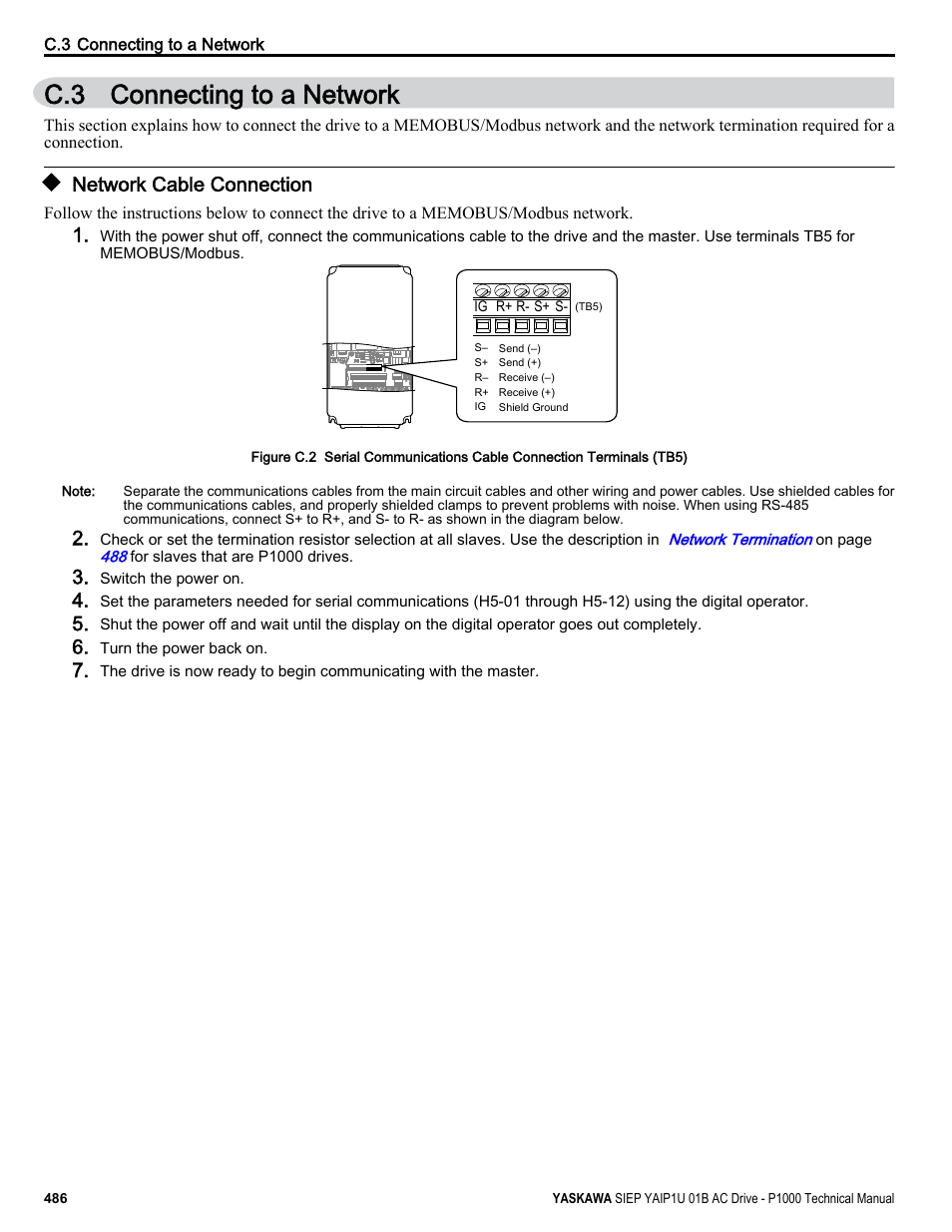 Connecting to a network, Network cable connection, C.3 connecting to a network | Yaskawa AC Drive-P1000 Industrial Fan User Manual | Page 486 / 570