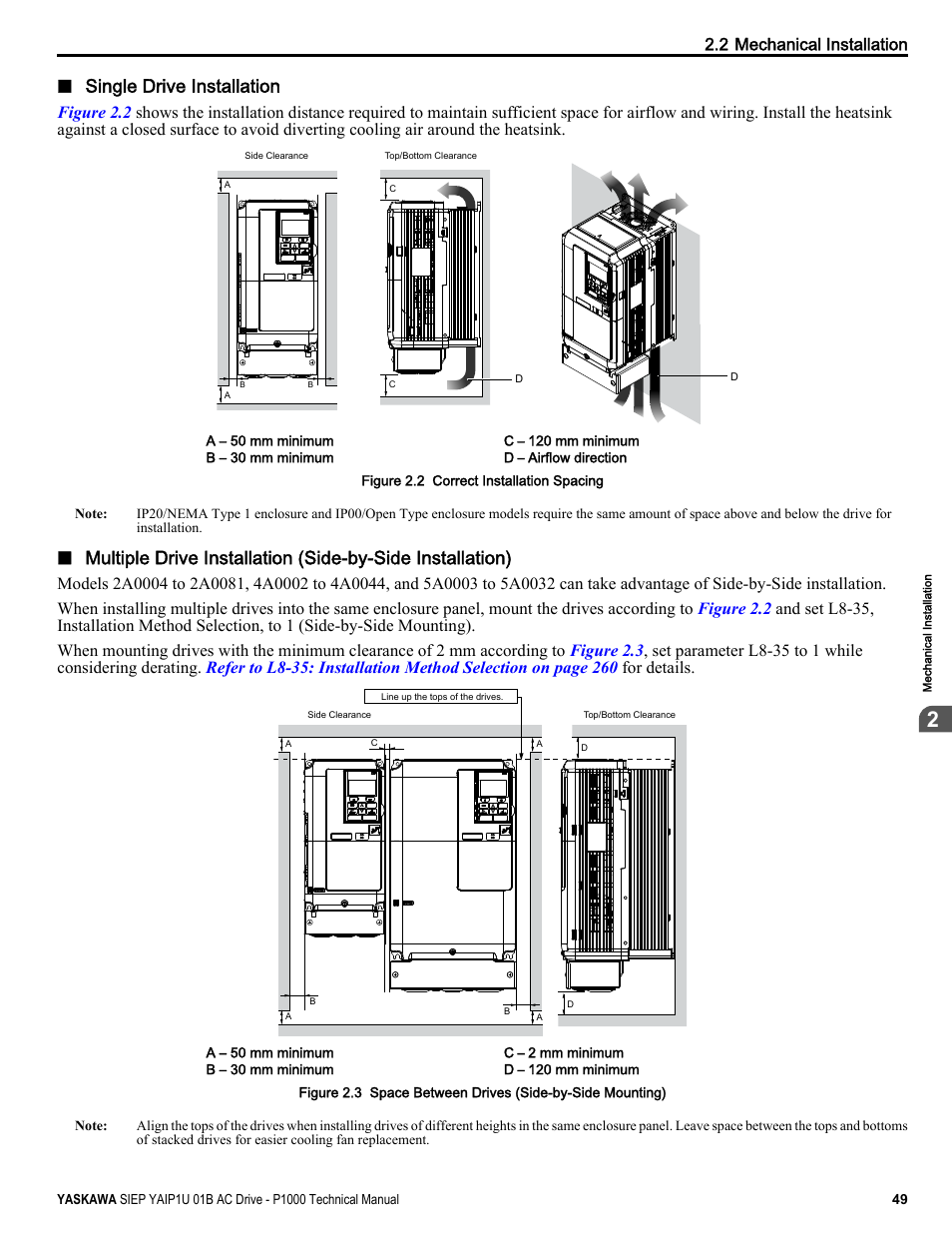 Single drive installation, 2 mechanical installation | Yaskawa AC Drive-P1000 Industrial Fan User Manual | Page 49 / 570