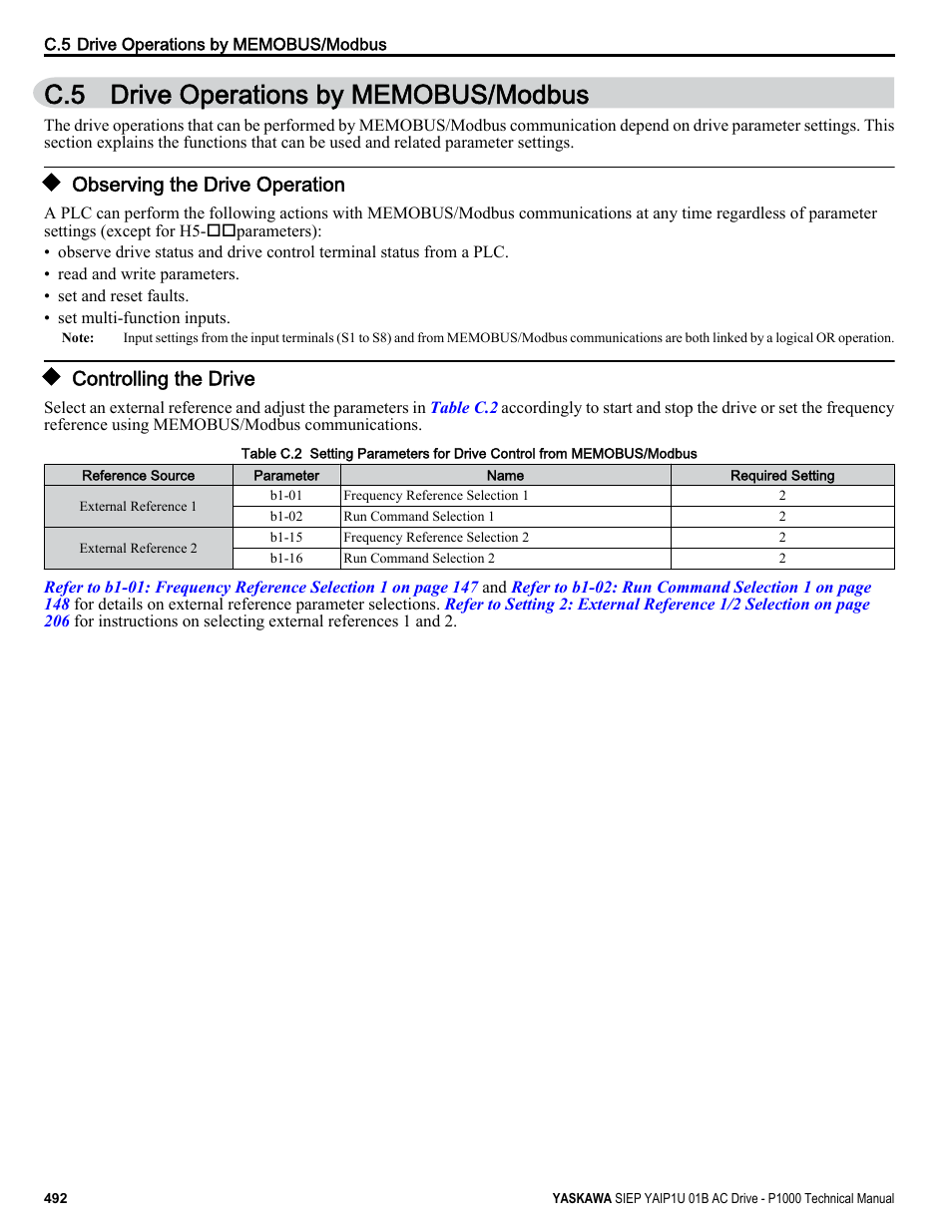 Drive operations by memobus/modbus, Observing the drive operation, Controlling the drive | C.5 drive operations by memobus/modbus | Yaskawa AC Drive-P1000 Industrial Fan User Manual | Page 492 / 570