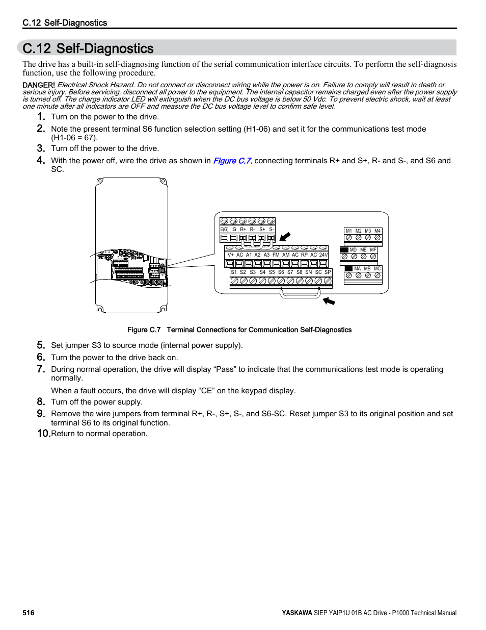 Self-diagnostics, C.12 self-diagnostics, Are received normally | Yaskawa AC Drive-P1000 Industrial Fan User Manual | Page 516 / 570