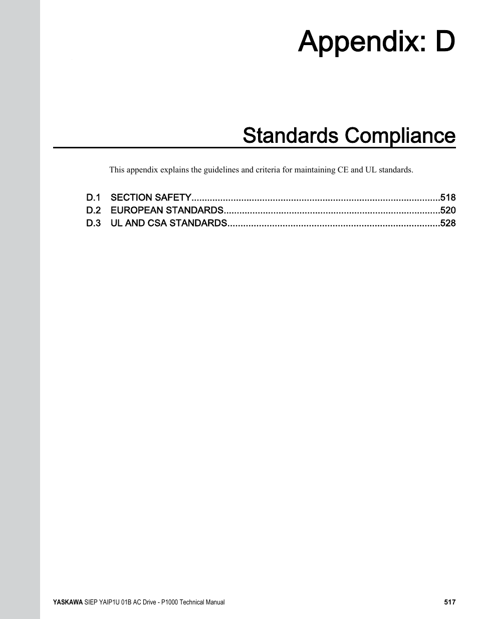 Standards compliance, D. standards compliance, Appendix: d | Yaskawa AC Drive-P1000 Industrial Fan User Manual | Page 517 / 570