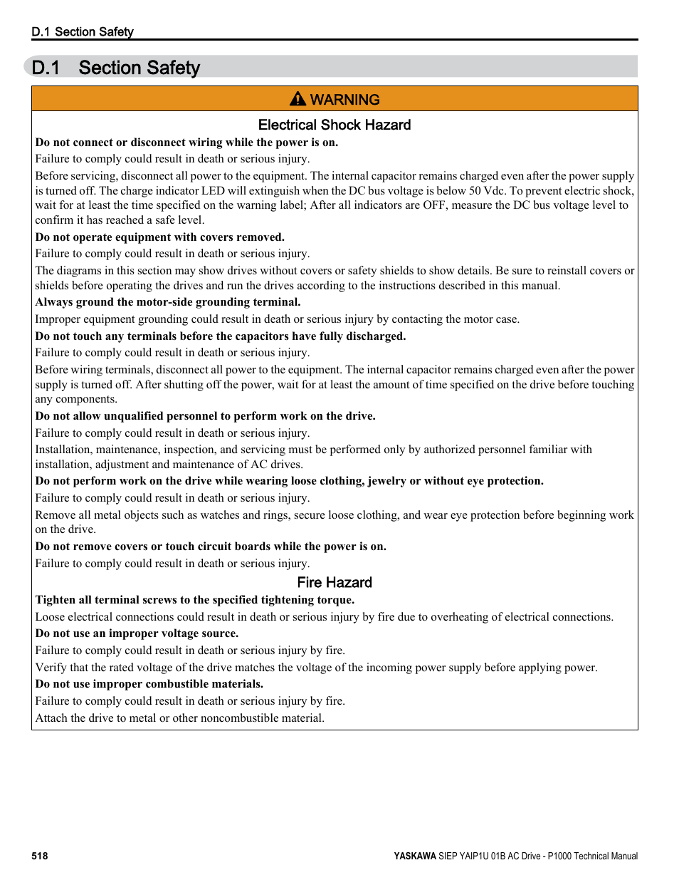 Section safety, D.1 section safety | Yaskawa AC Drive-P1000 Industrial Fan User Manual | Page 518 / 570