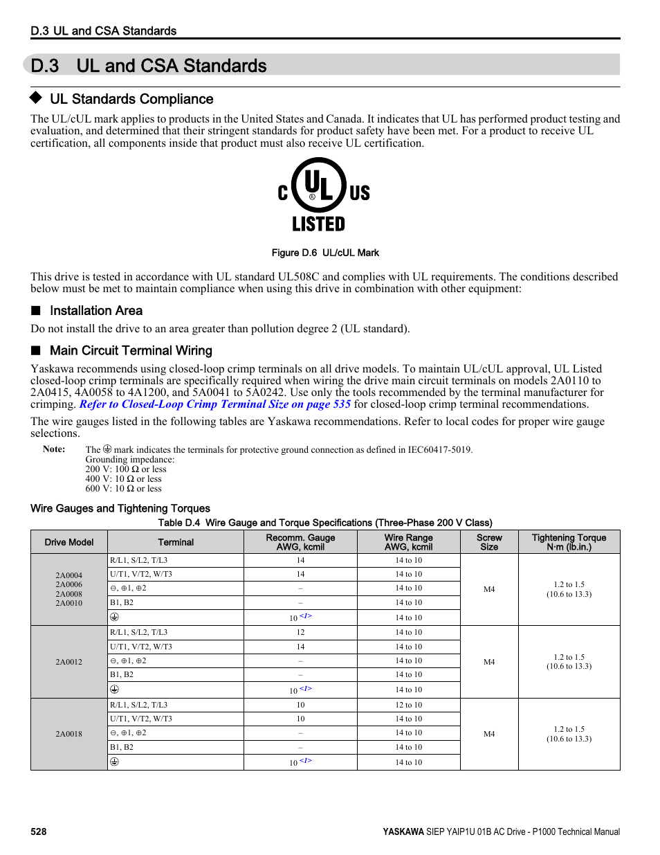 Ul and csa standards, Ul standards compliance, D.3 ul and csa standards | Installation area, Main circuit terminal wiring | Yaskawa AC Drive-P1000 Industrial Fan User Manual | Page 528 / 570