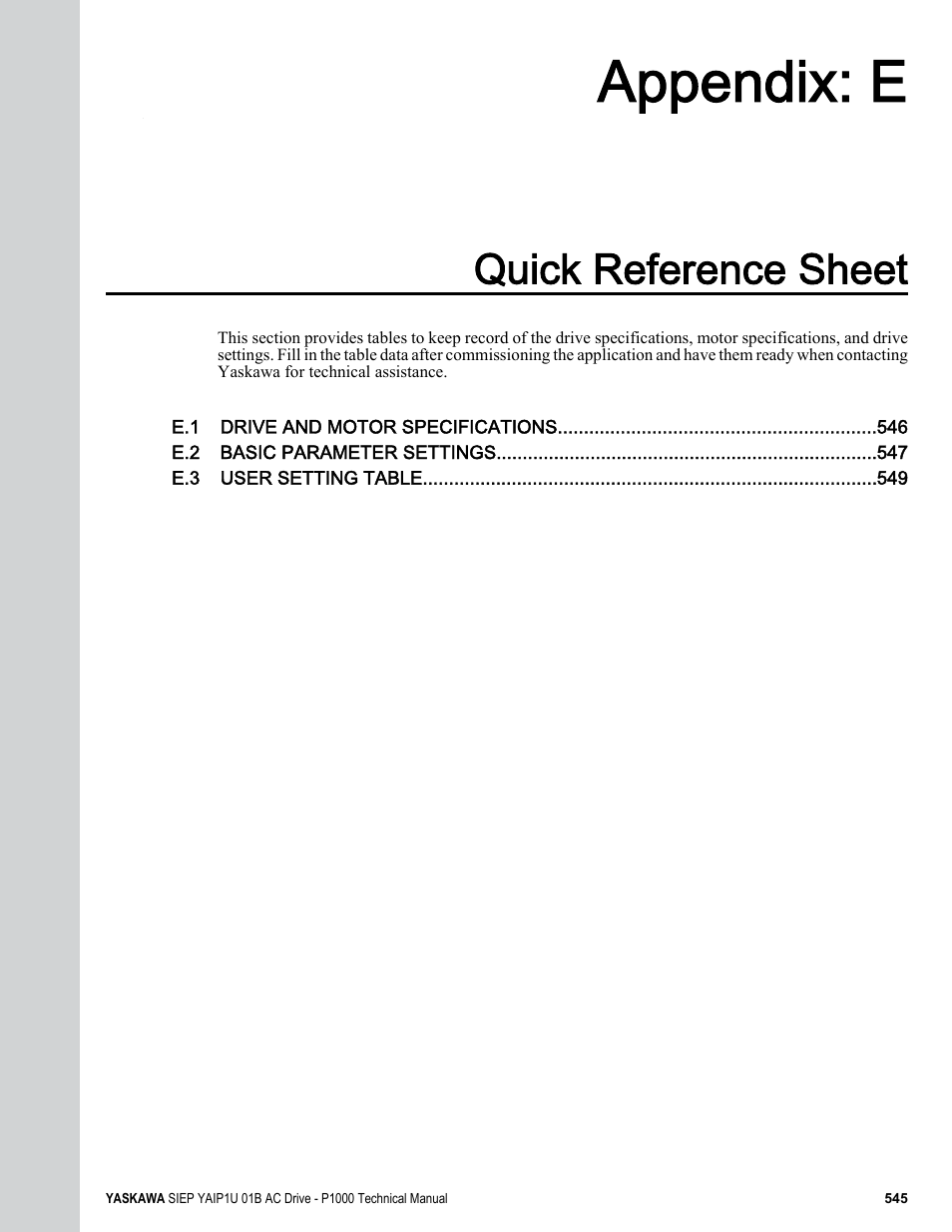 Quick reference sheet, E. quick reference sheet, Appendix: e | Yaskawa AC Drive-P1000 Industrial Fan User Manual | Page 545 / 570