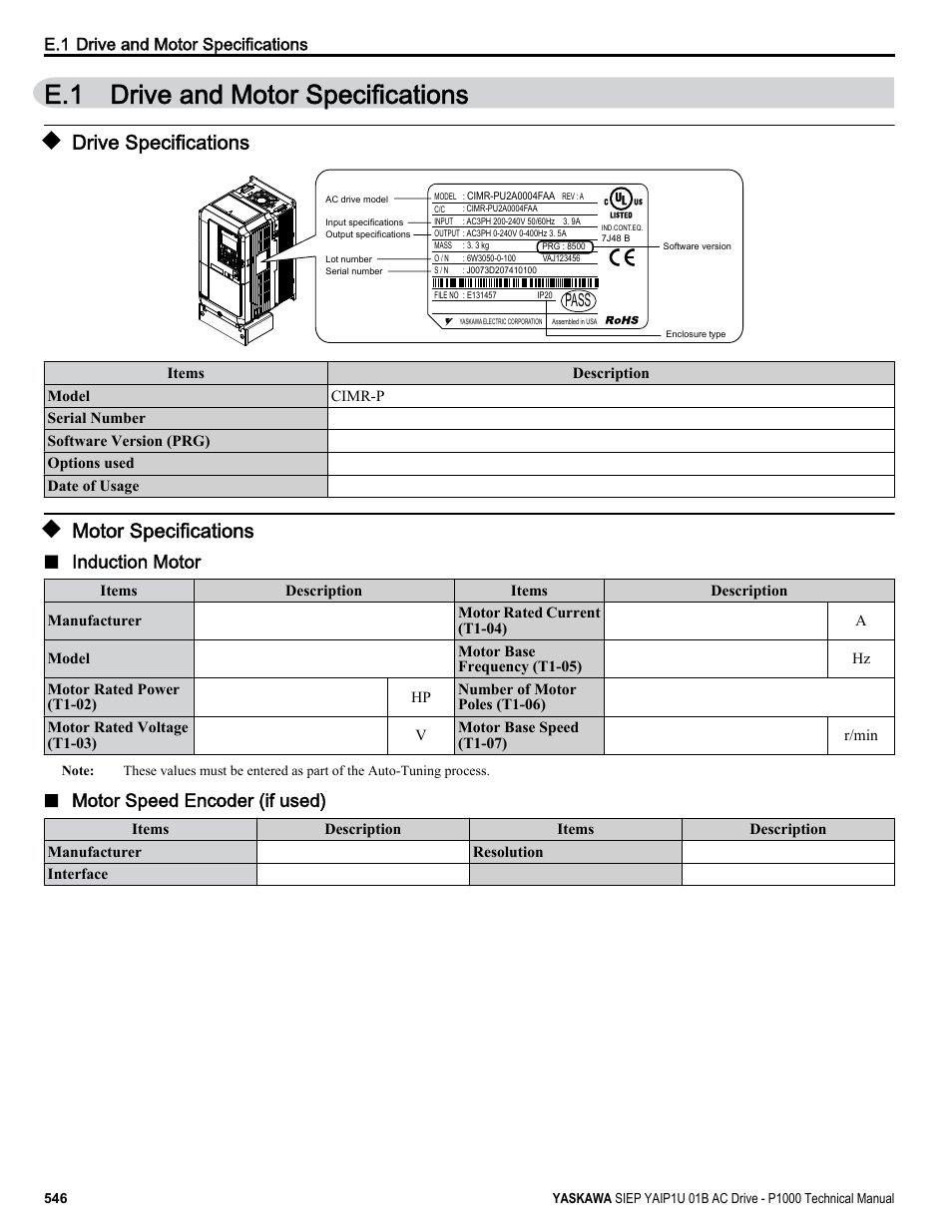 Drive and motor specifications, Drive specifications, Motor specifications | E.1 drive and motor specifications, Pass, Induction motor, Motor speed encoder (if used) | Yaskawa AC Drive-P1000 Industrial Fan User Manual | Page 546 / 570