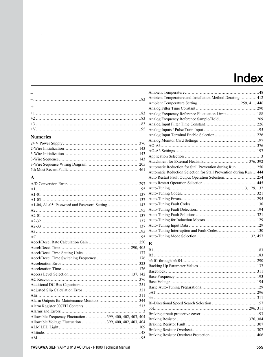 Index | Yaskawa AC Drive-P1000 Industrial Fan User Manual | Page 555 / 570