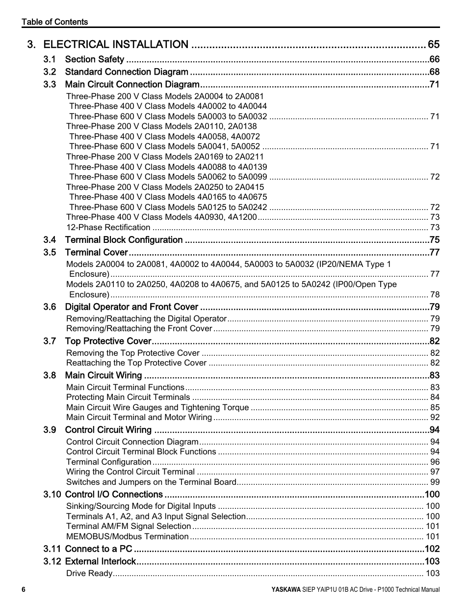 Electrical installation | Yaskawa AC Drive-P1000 Industrial Fan User Manual | Page 6 / 570