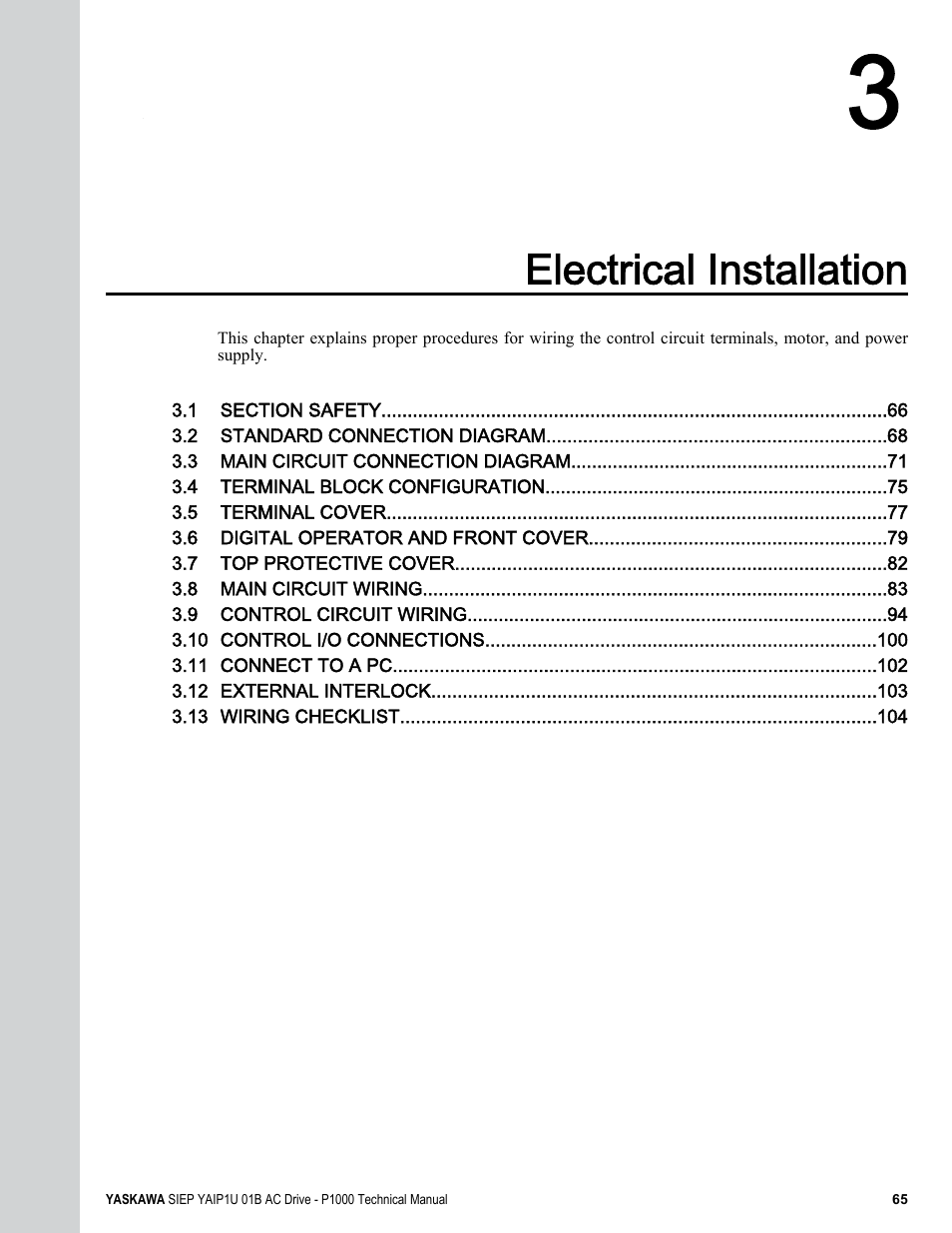 Electrical installation | Yaskawa AC Drive-P1000 Industrial Fan User Manual | Page 65 / 570