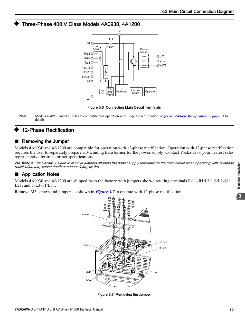 Three-phase 400 v class models 4a0930, 4a1200, Phase rectification, Removing the jumper | 3 main circuit connection diagram | Yaskawa AC Drive-P1000 Industrial Fan User Manual | Page 73 / 570