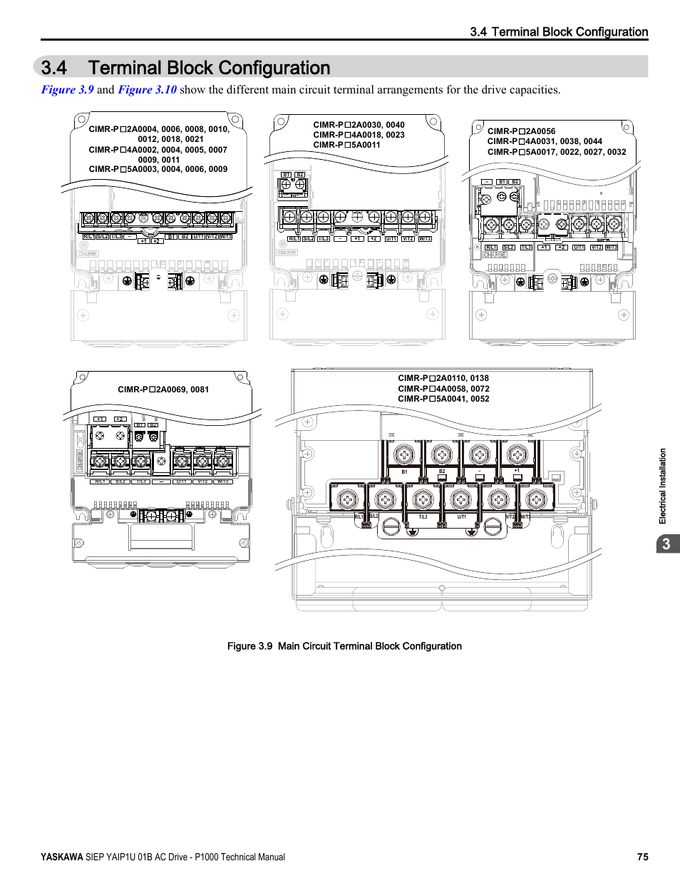 Terminal block configuration, 4 terminal block configuration | Yaskawa AC Drive-P1000 Industrial Fan User Manual | Page 75 / 570