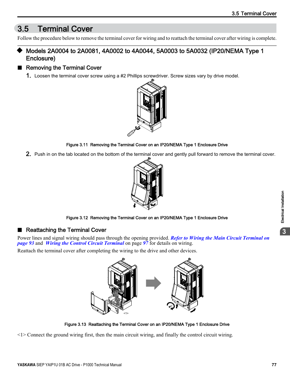 Terminal cover, 5 terminal cover, Enclosure) | Yaskawa AC Drive-P1000 Industrial Fan User Manual | Page 77 / 570