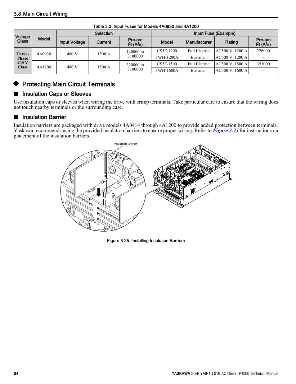 Protecting main circuit terminals, Table 3.2, Insulation caps or sleeves | Insulation barrier | Yaskawa AC Drive-P1000 Industrial Fan User Manual | Page 84 / 570
