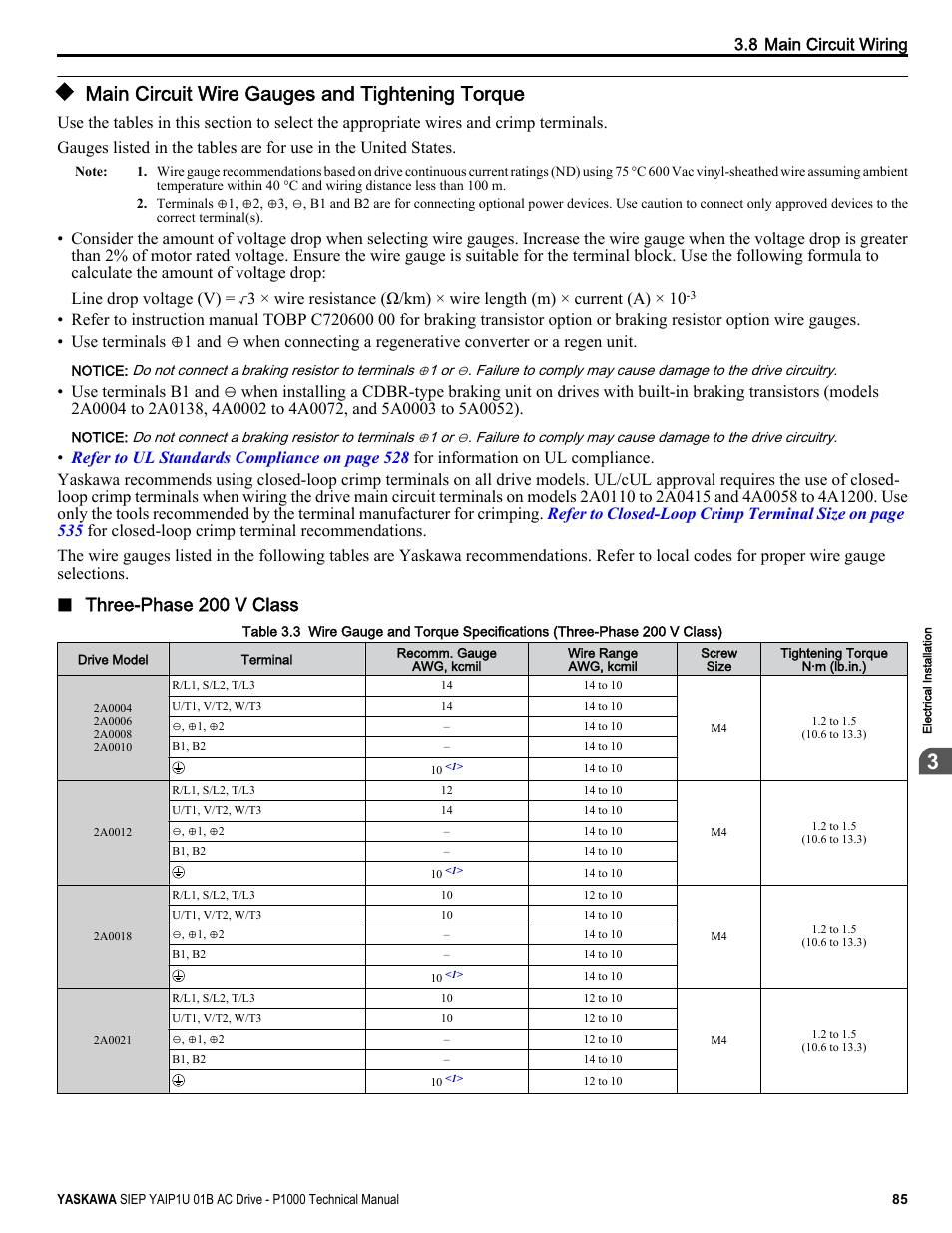Main circuit wire gauges and tightening torque, Three-phase 200 v class, 8 main circuit wiring | Yaskawa AC Drive-P1000 Industrial Fan User Manual | Page 85 / 570