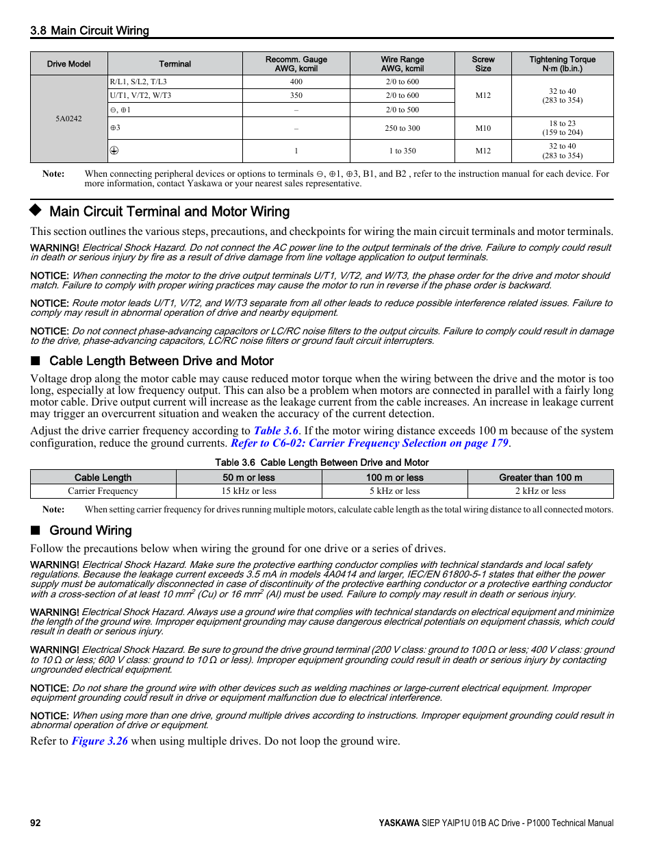 Main circuit terminal and motor wiring, Cable length between drive and motor, Ground wiring | Yaskawa AC Drive-P1000 Industrial Fan User Manual | Page 92 / 570