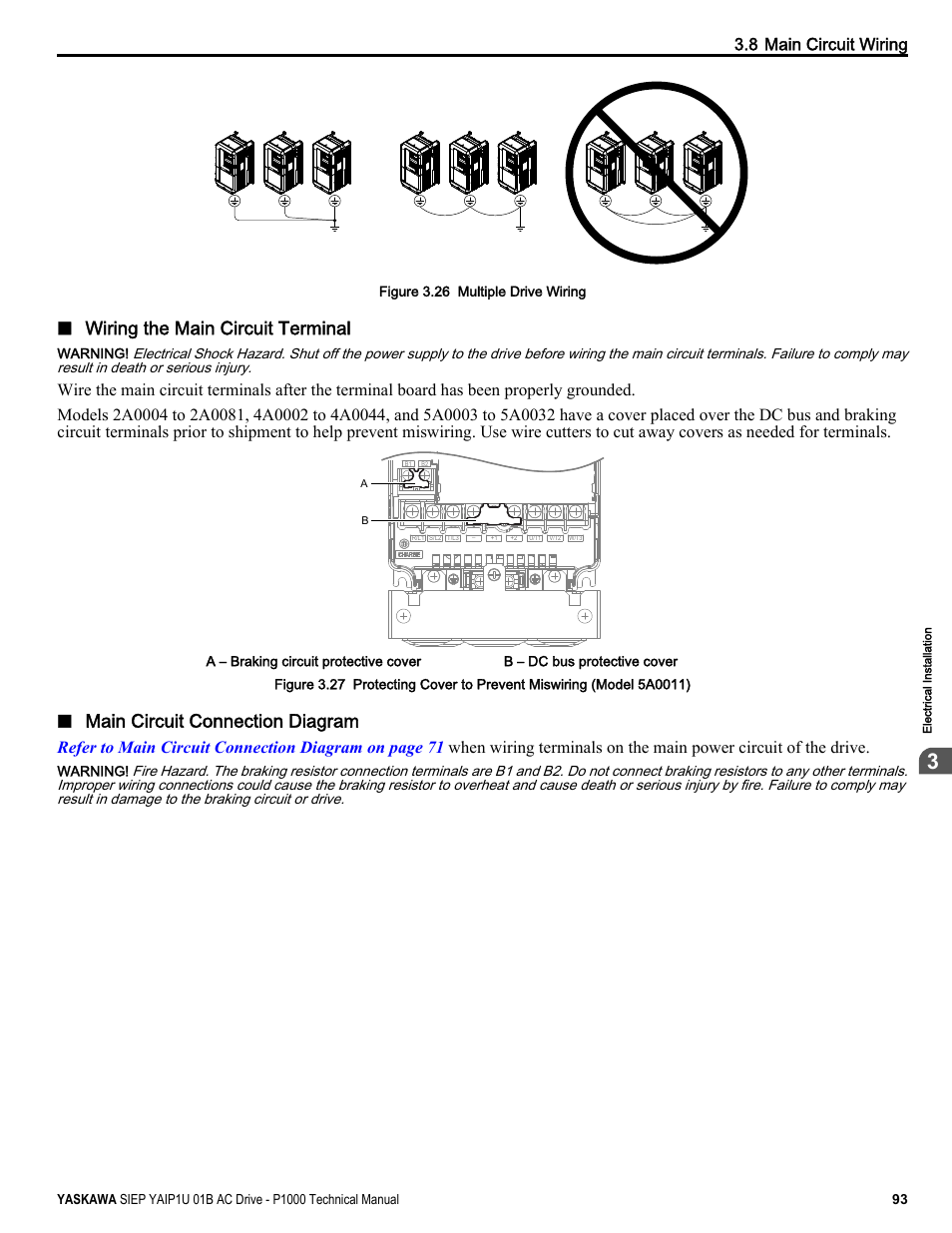 Refer to wiring, Refer to wiring the main circuit terminal on, Cover | Refer to, Figure 3.26, Wiring the main circuit terminal, Main circuit connection diagram, 8 main circuit wiring | Yaskawa AC Drive-P1000 Industrial Fan User Manual | Page 93 / 570