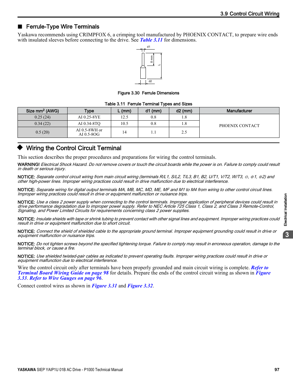 Wiring the control circuit terminal, For details on wiring, Ends. refer to | Table 3.11 | Yaskawa AC Drive-P1000 Industrial Fan User Manual | Page 97 / 570