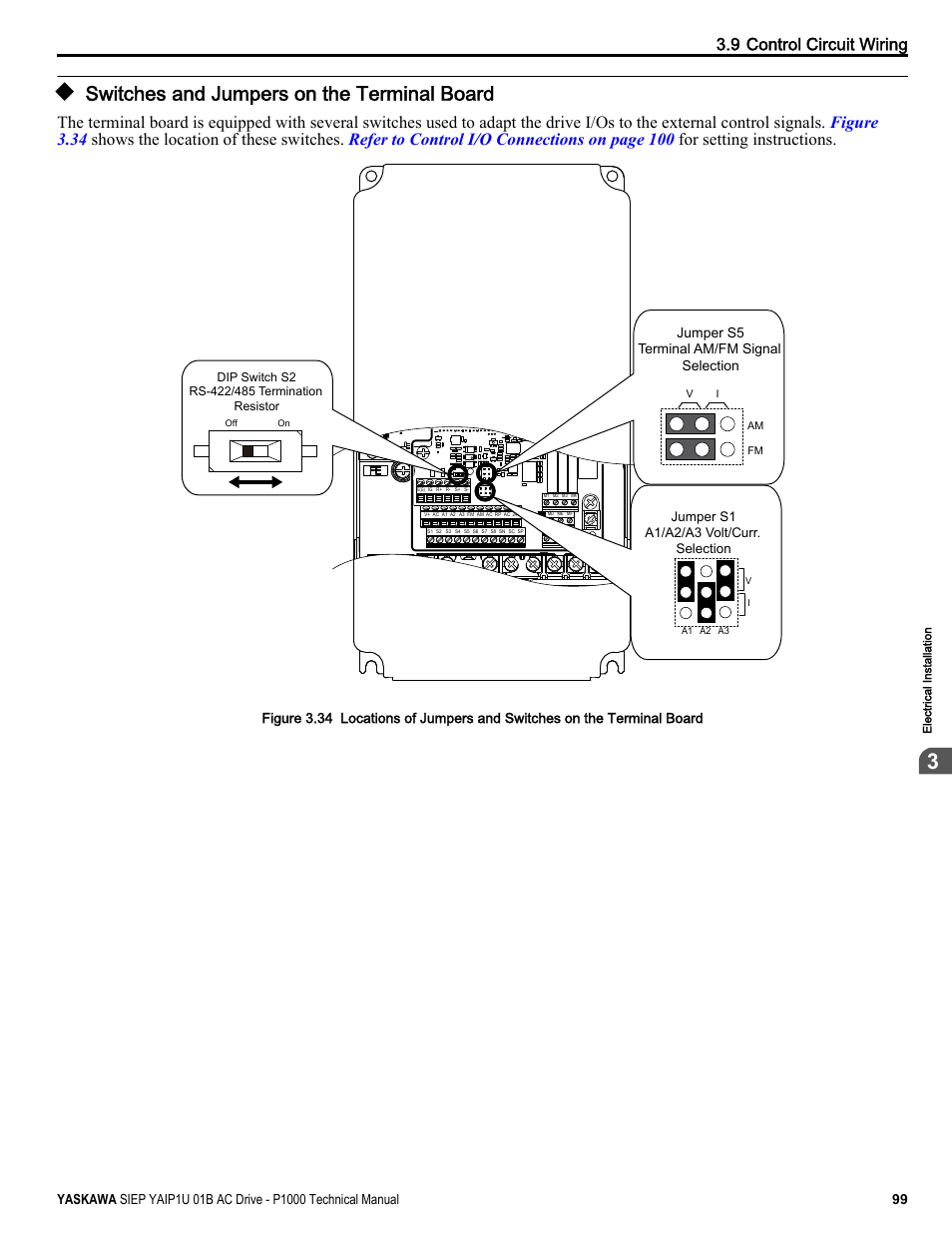 Switches and jumpers on the terminal board, 9 control circuit wiring | Yaskawa AC Drive-P1000 Industrial Fan User Manual | Page 99 / 570