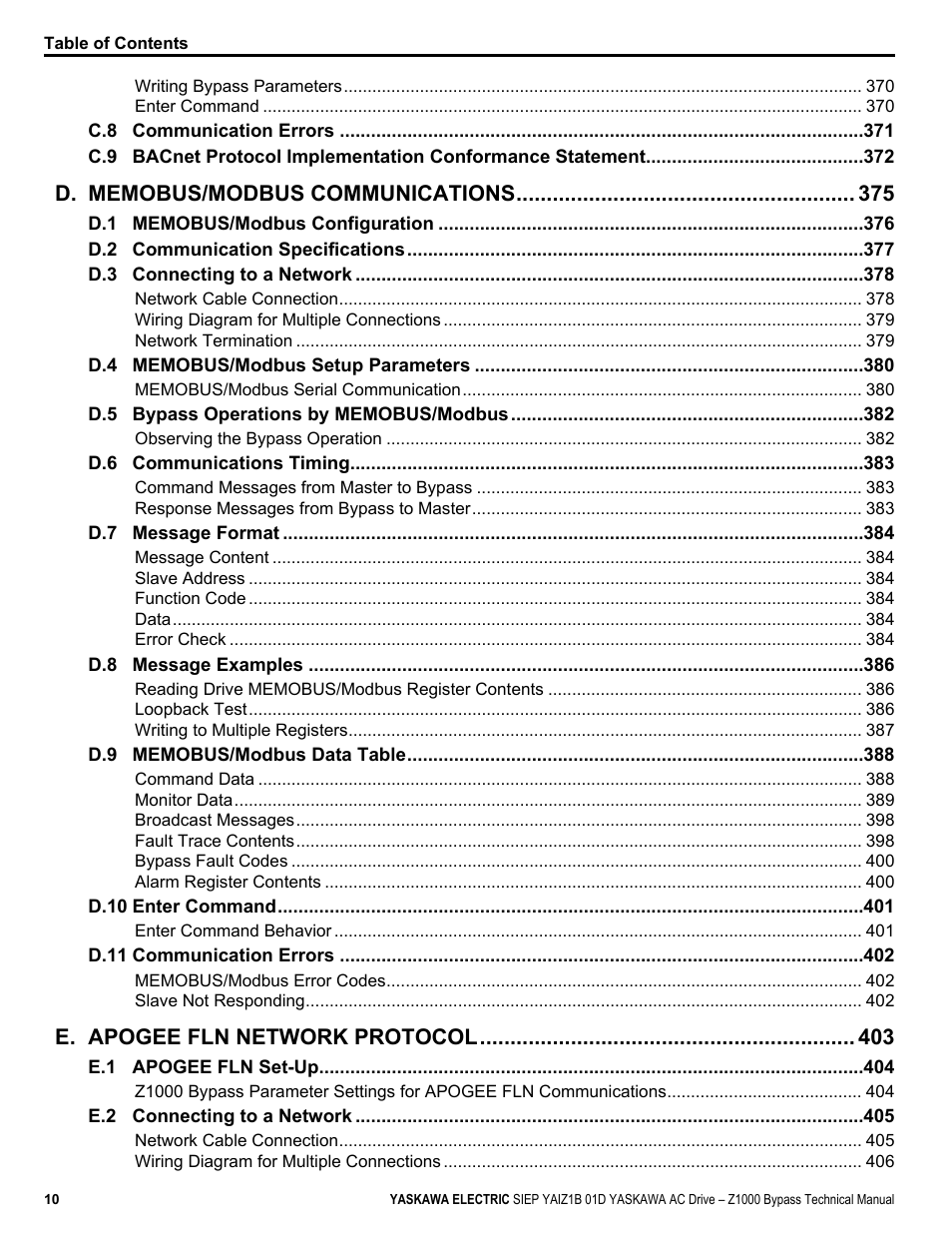 E. apogee fln network protocol | Yaskawa AC Drive Z1000 Bypass Technical Manual User Manual | Page 10 / 462