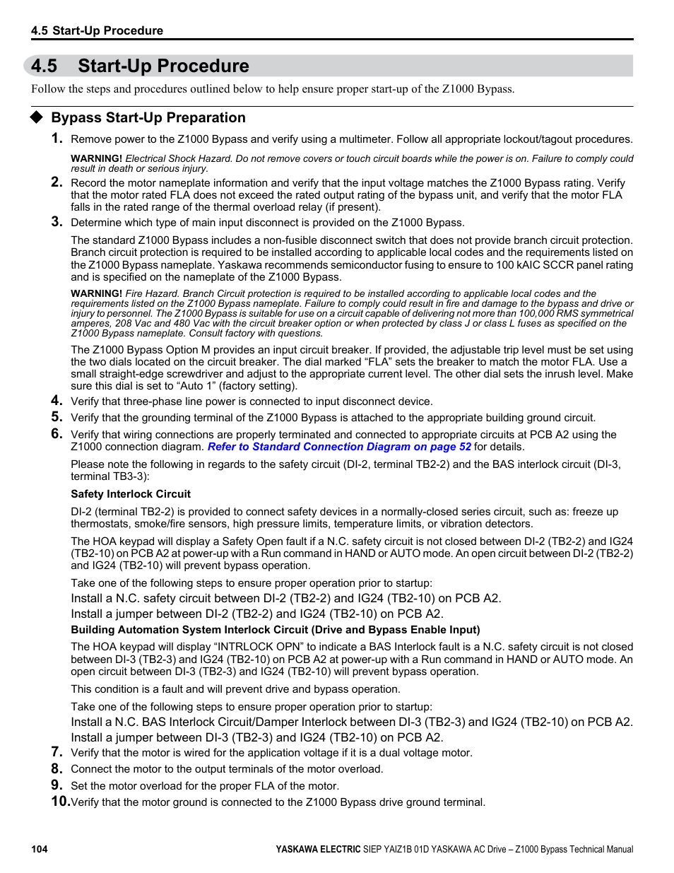 Start-up procedure, Bypass start-up preparation, 5 start-up procedure | Bypass start-up preparation 1 | Yaskawa AC Drive Z1000 Bypass Technical Manual User Manual | Page 104 / 462