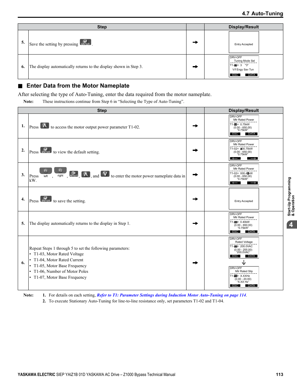 Enter data from the motor nameplate, 7 auto-tuning, Press to view the default setting | Press, And to enter the motor power nameplate data in kw, Press to save the setting | Yaskawa AC Drive Z1000 Bypass Technical Manual User Manual | Page 113 / 462