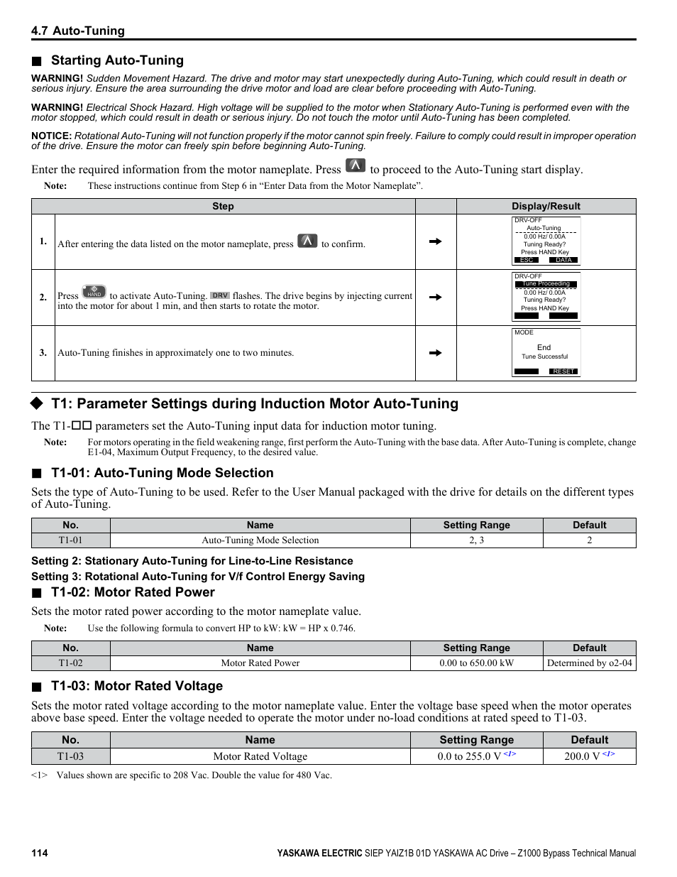 Starting auto-tuning, T1-01: auto-tuning mode selection, T1-02: motor rated power | T1-03: motor rated voltage | Yaskawa AC Drive Z1000 Bypass Technical Manual User Manual | Page 114 / 462