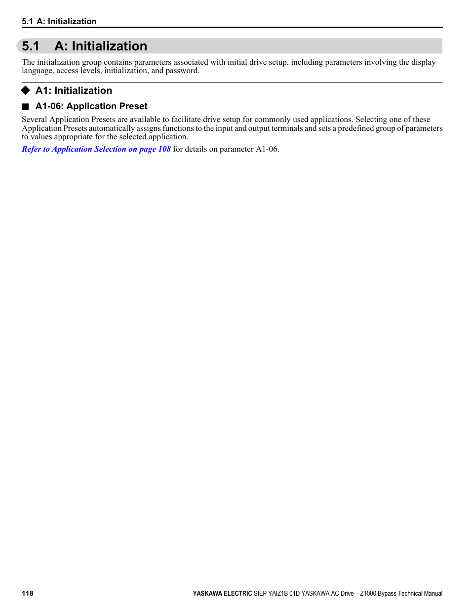 A: initialization, A1: initialization, 1 a: initialization | Yaskawa AC Drive Z1000 Bypass Technical Manual User Manual | Page 118 / 462