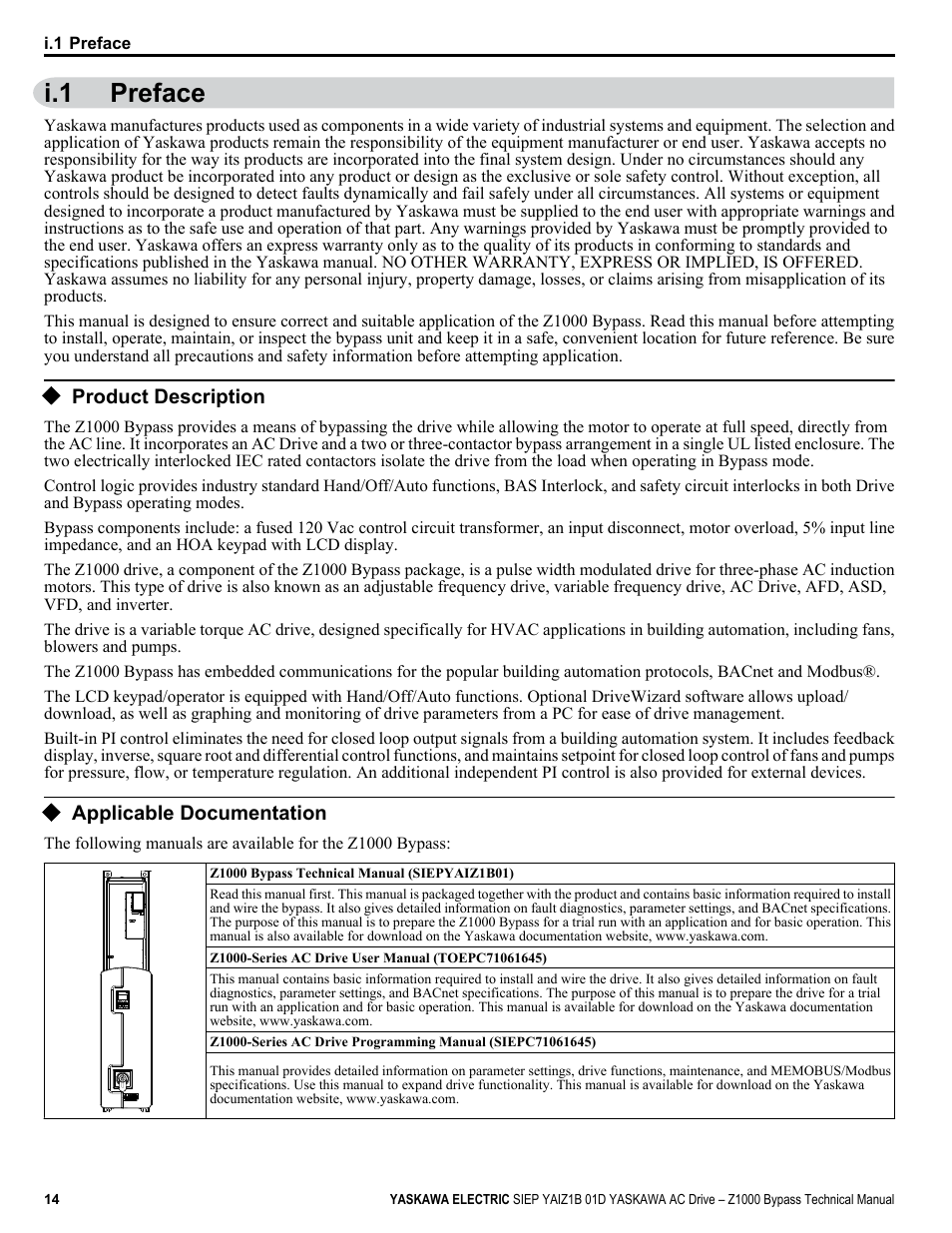 Preface, Product description, Applicable documentation | I.1 preface | Yaskawa AC Drive Z1000 Bypass Technical Manual User Manual | Page 14 / 462