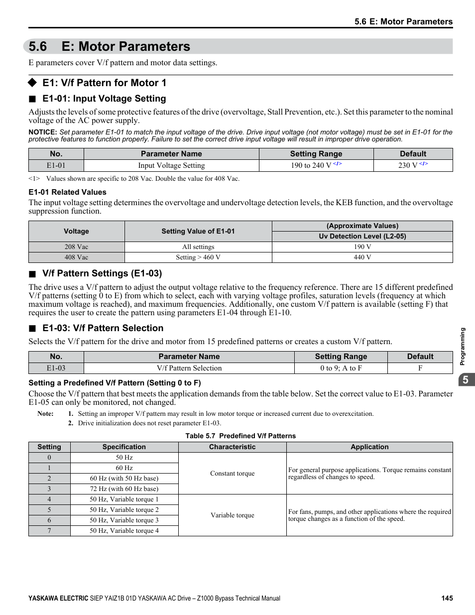 E: motor parameters, E1: v/f pattern for motor 1, 6 e: motor parameters | Yaskawa AC Drive Z1000 Bypass Technical Manual User Manual | Page 145 / 462
