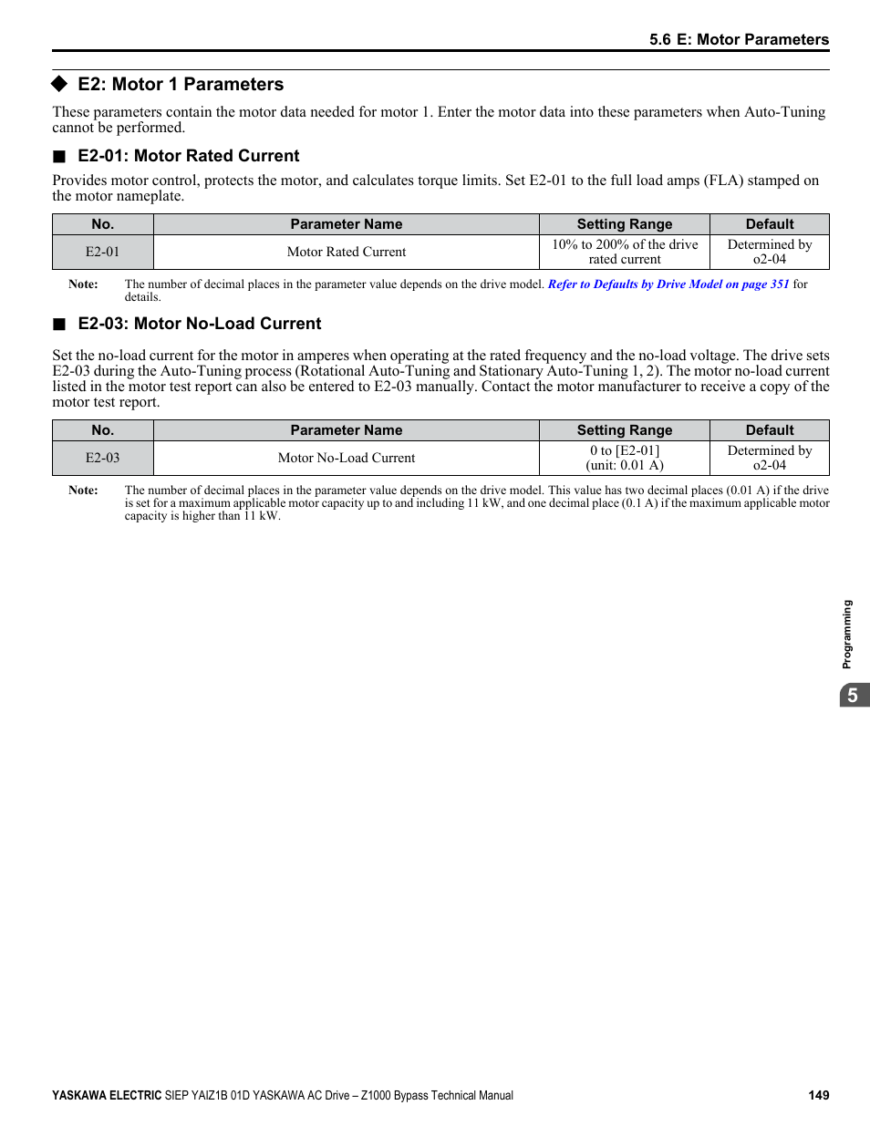 E2: motor 1 parameters | Yaskawa AC Drive Z1000 Bypass Technical Manual User Manual | Page 149 / 462