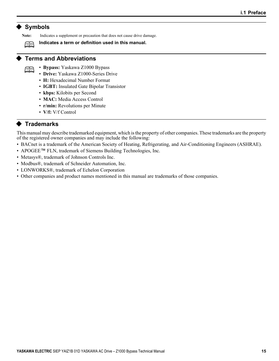 Symbols, Terms and abbreviations, Trademarks | Yaskawa AC Drive Z1000 Bypass Technical Manual User Manual | Page 15 / 462