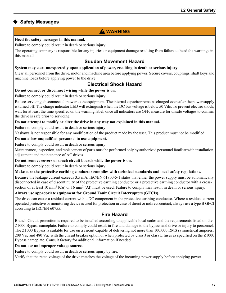 Safety messages | Yaskawa AC Drive Z1000 Bypass Technical Manual User Manual | Page 17 / 462